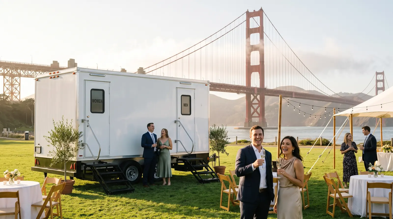 Guests toasting at a Crissy Field wedding with a white restroom trailer and the Golden Gate Bridge behind