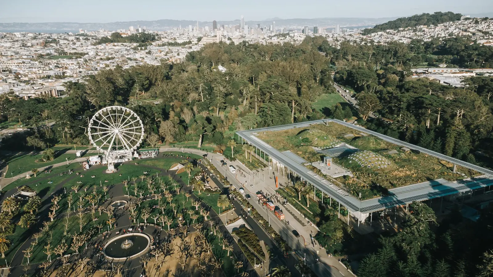 Aerial view of Golden Gate Park with the city skyline beyond