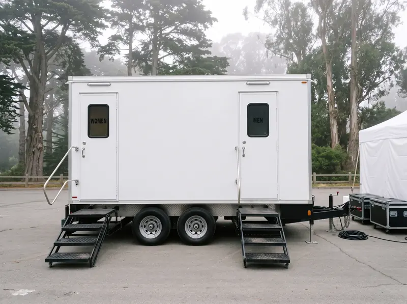 Large multi-room restroom trailer with separate steps to each room