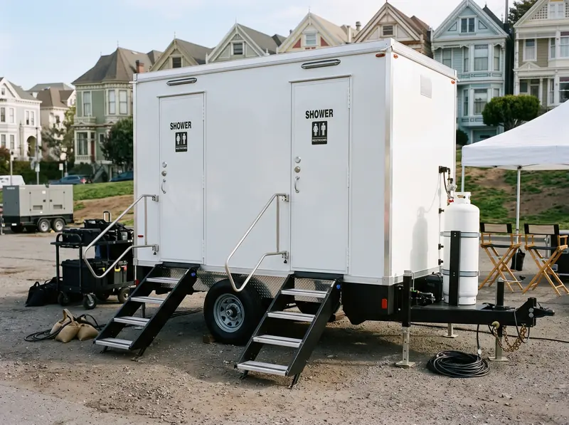Restroom and shower combination trailer with steps at both doors